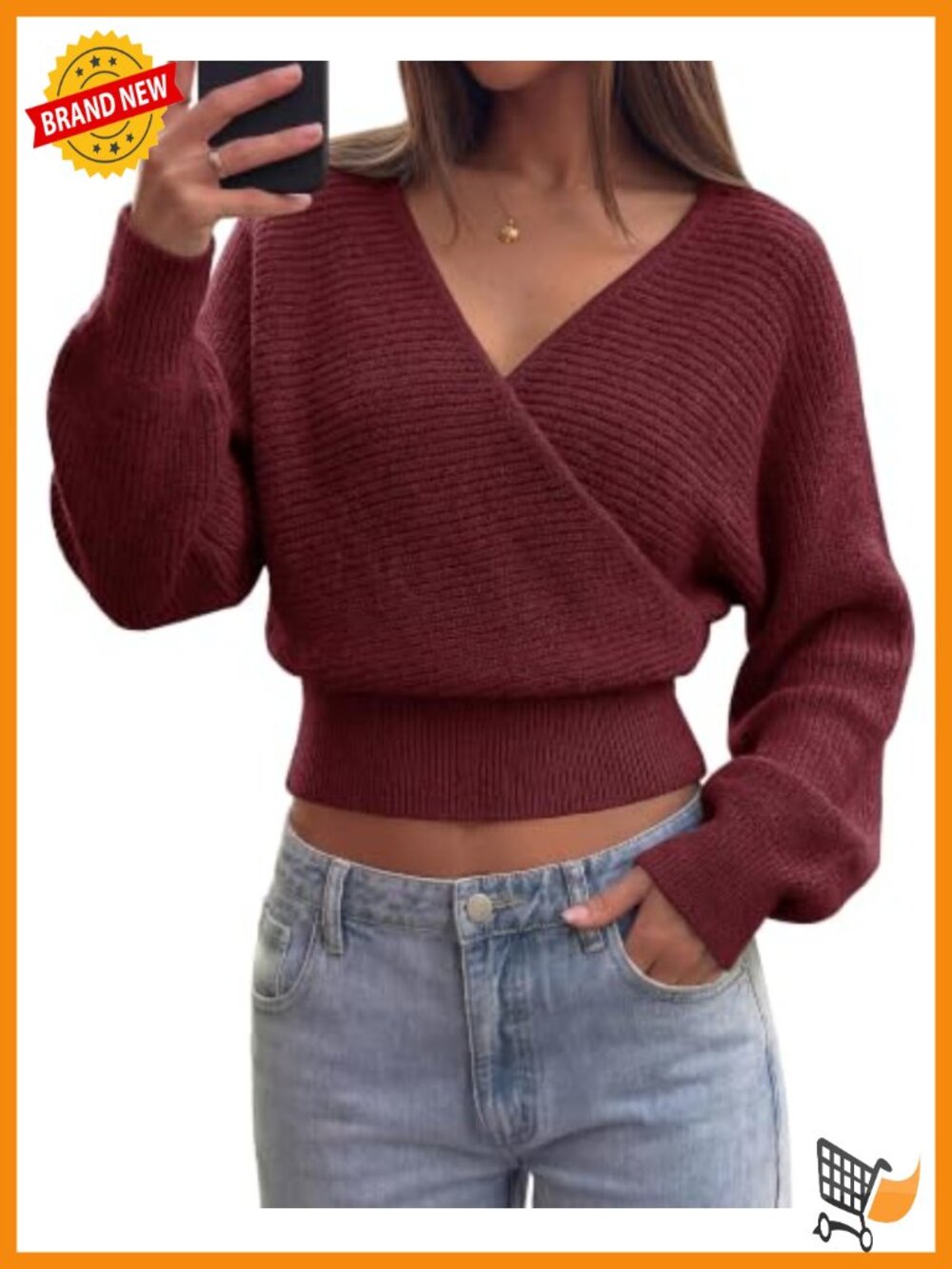 Ribbed Knit V Neck Wrap Cross Sweater Long Sleeve Pullover